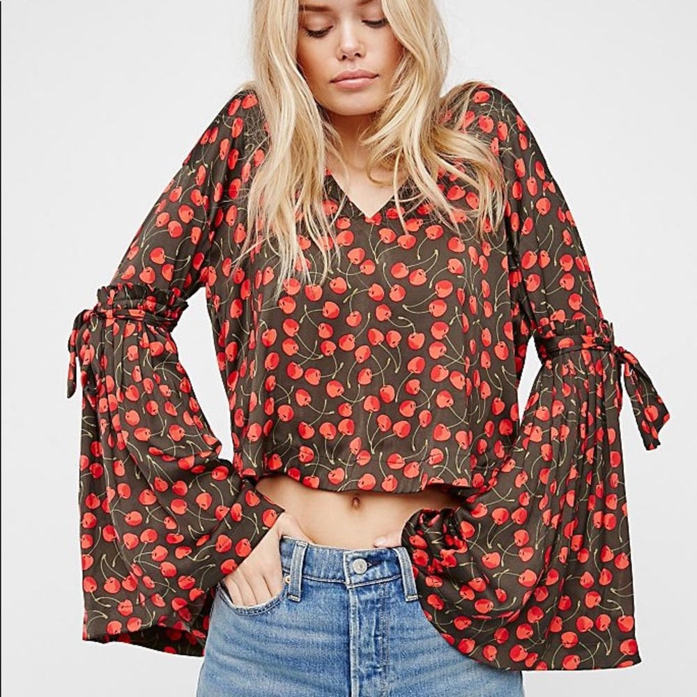 Bohemian Cherry Print Bell Sleeve Blouse - Red on Olive